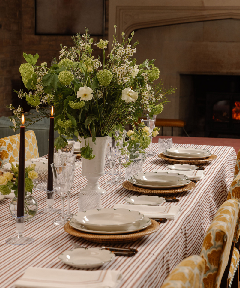 Rebecca Udall Julia Twisted Cut Crystal Tumbler Glass with the Victoria Striped Tablecloth