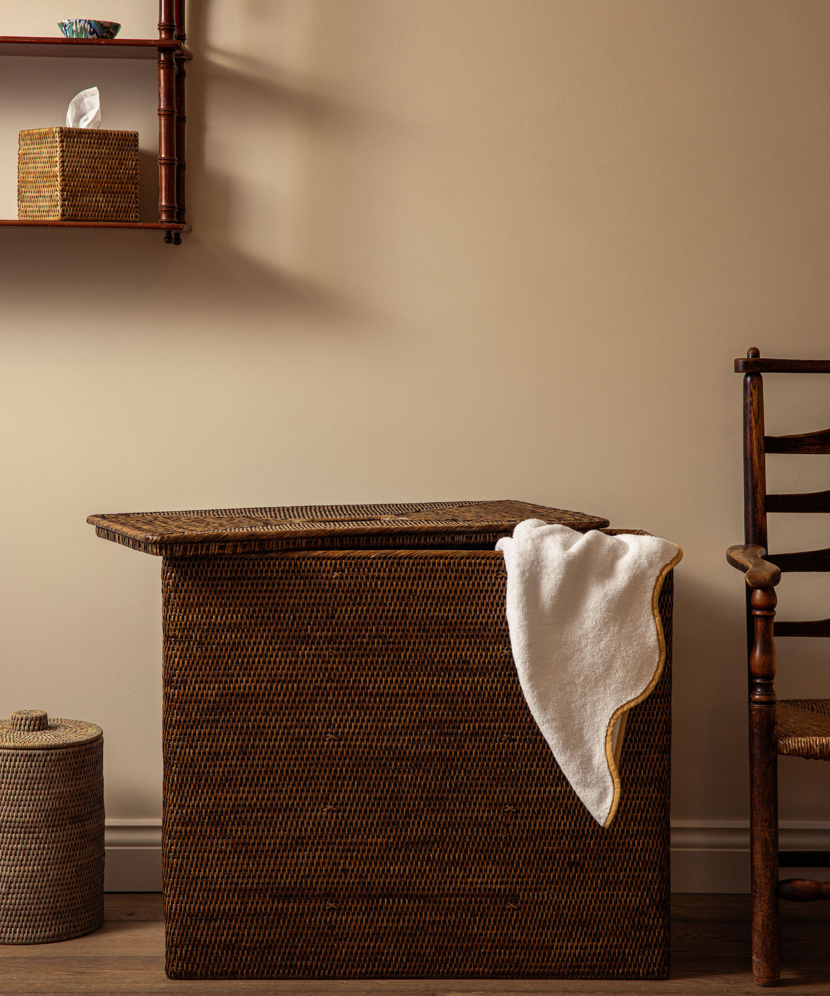 Rattan Extra Large Laundry Basket with Compartments, Dark Brown