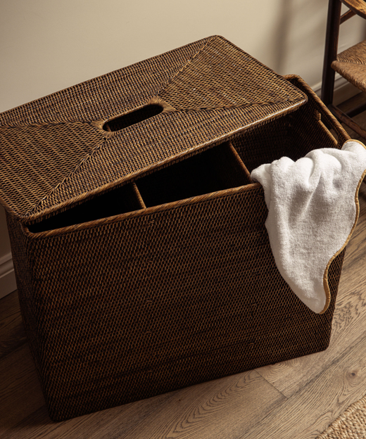Rattan Extra Large Laundry Basket with Compartments, Dark Brown