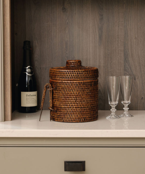 Rebecca Udall, Luxury Wicker Woven Rattan Ice Bucket with Tongs, Dark Brown, Counter Set with the Evelyn Wine Glasses