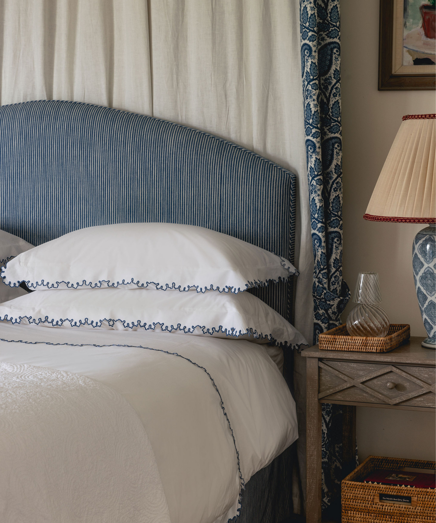 Thea Scalloped Bed Linen, Denim Blue, with Water Carafe