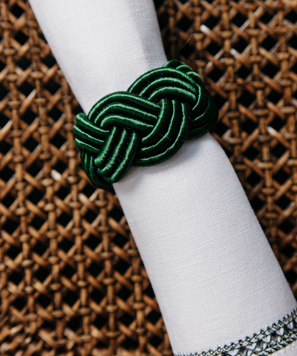 Rebecca Udall Set of 4 Braided Napkin Rings, Fir Green, detail with napkin