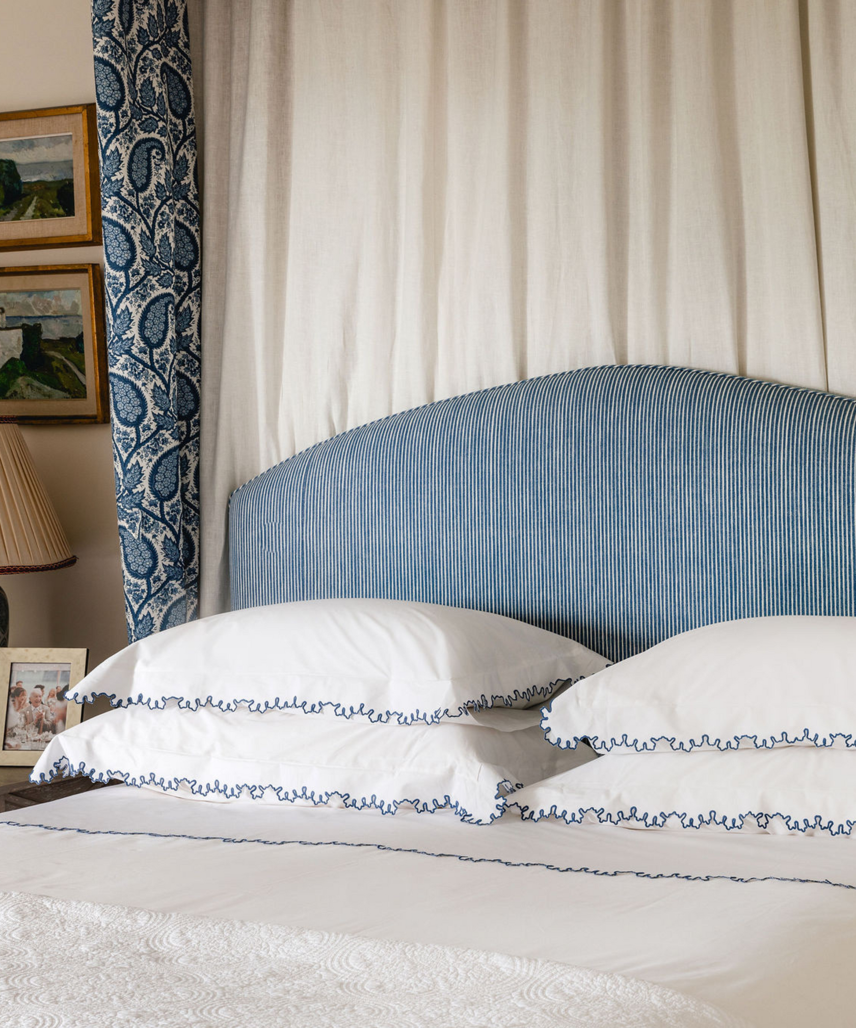 Thea Scalloped Bed Linen, Denim Blue, Bedroom Lifestyle
