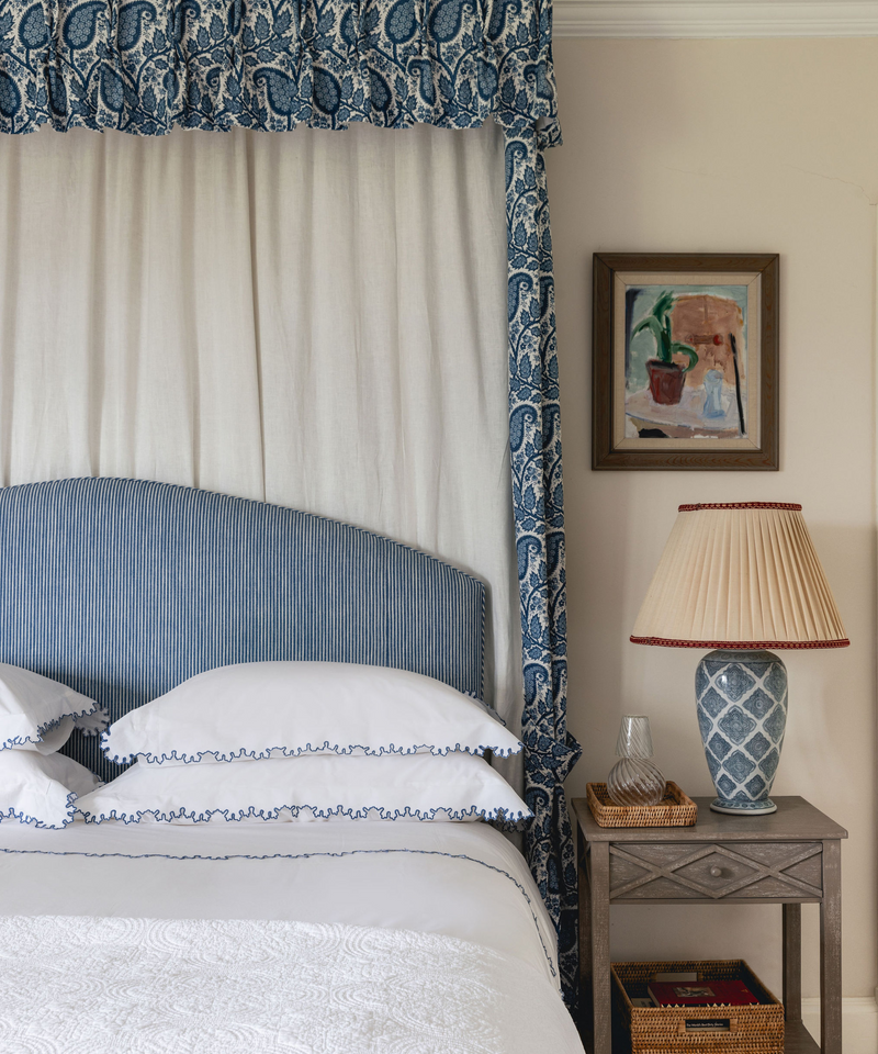 Rebecca Udall, Thea Scalloped Bed Linen, Denim Blue Trim with Rattan Tray 