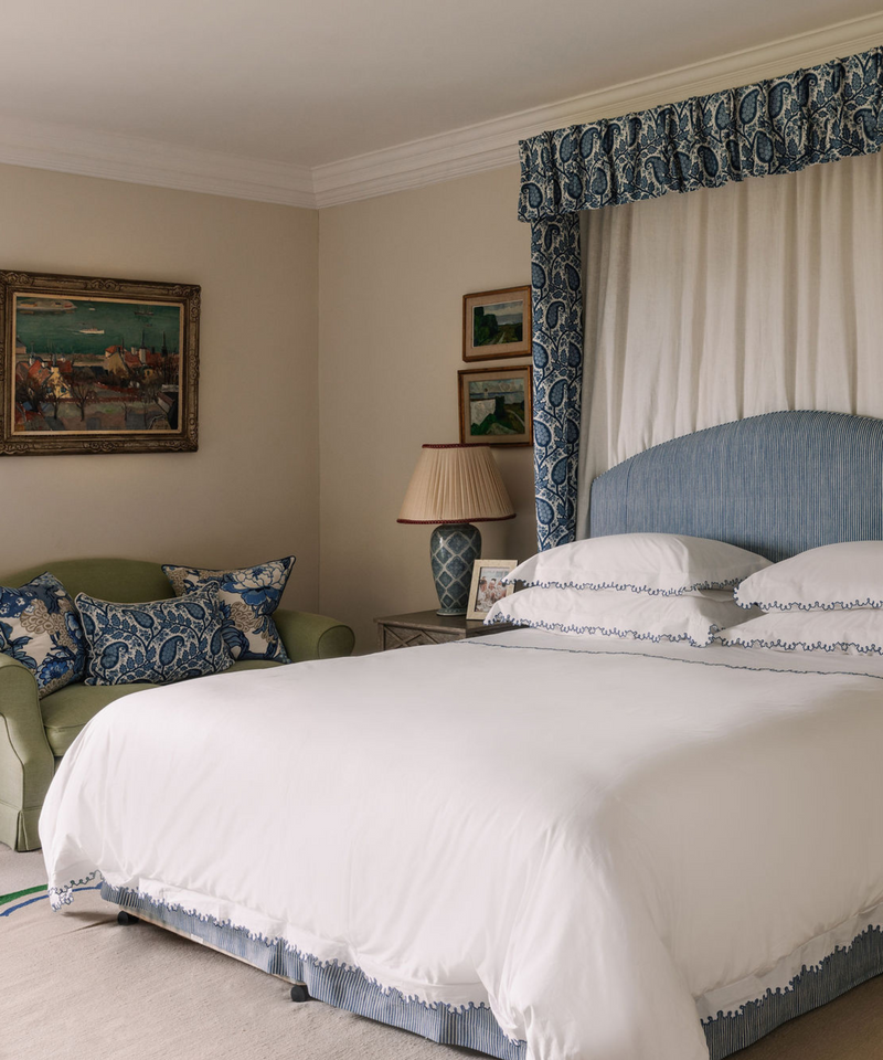 Rebecca Udall, Thea Scalloped Bed Linen, Denim Blue Trim Bedroom Shot