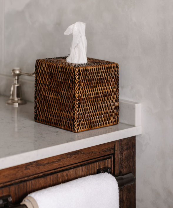 Rebecca Udall, handwoven rattan wicker square tissue box cover, brown