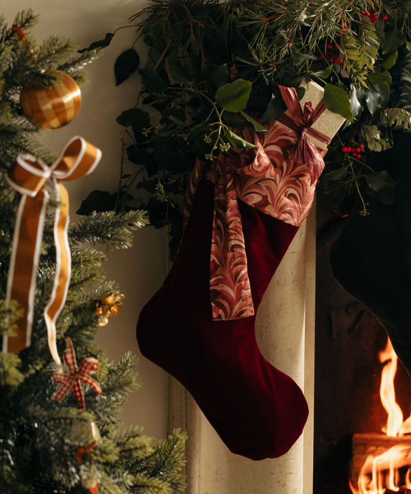 Marble Linen & Velvet Bow Christmas Stocking, Burgundy