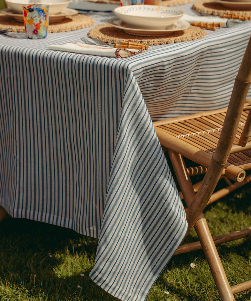 Rebecca Udall Victoria Striped Linen Tablecloth, Blue with the Millefiori Glass