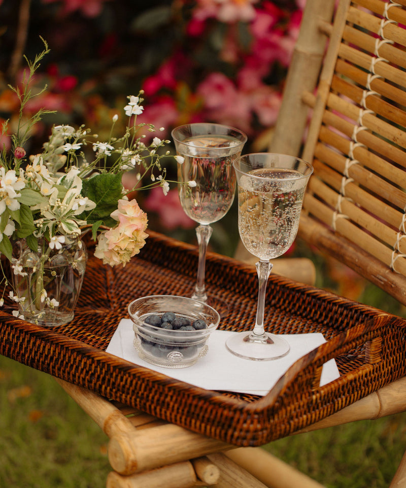 Rebecca Udall Set of 4 Classic Hemstitch Linen Cocktail Napkins, White with the Rattan Serving Tray