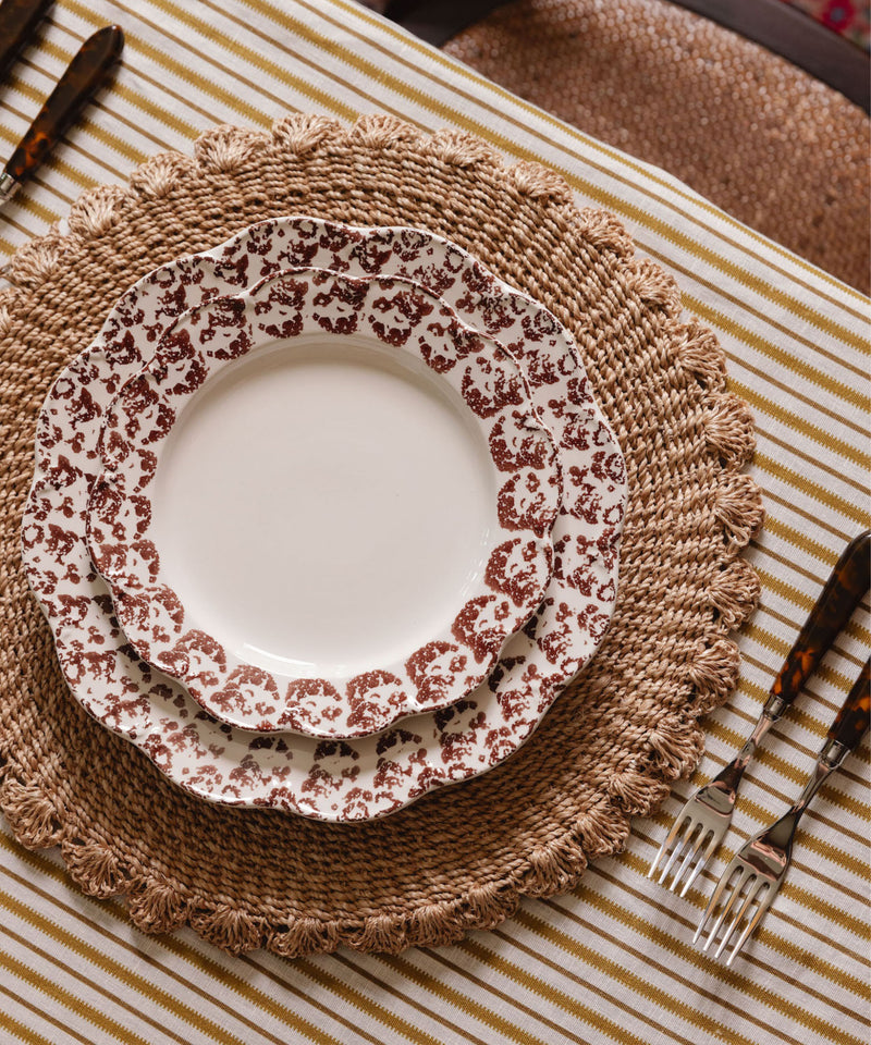 Rebecca Udall Luxury scalloped crockery plates, brown sponged boarder, autumn winter fall cosy dinner
