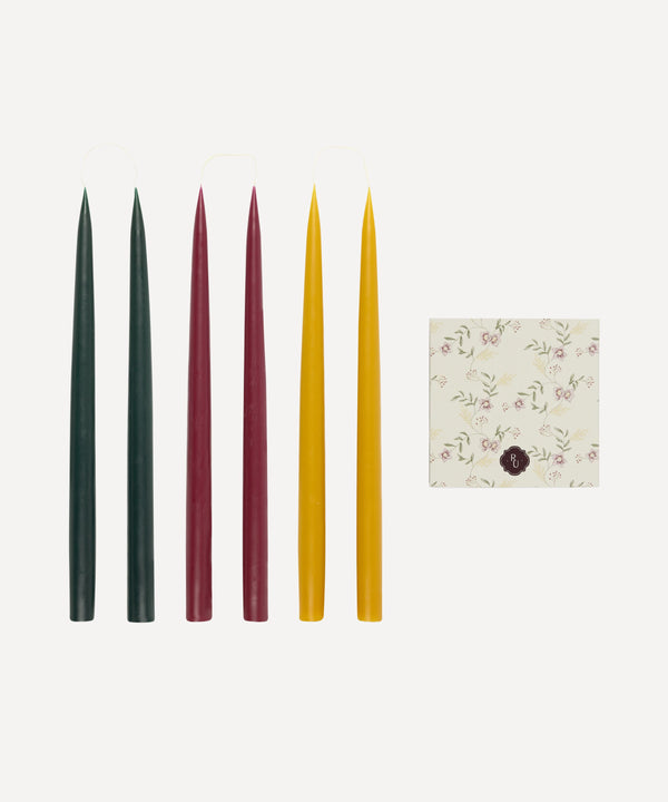 Rebecca Udall Set of 6 35cm Danish Taper Candles with matches, Hellebore mixed colours, Amber yellow, Burgundy Red, Forest Green. Christmas gift host thanksgiving