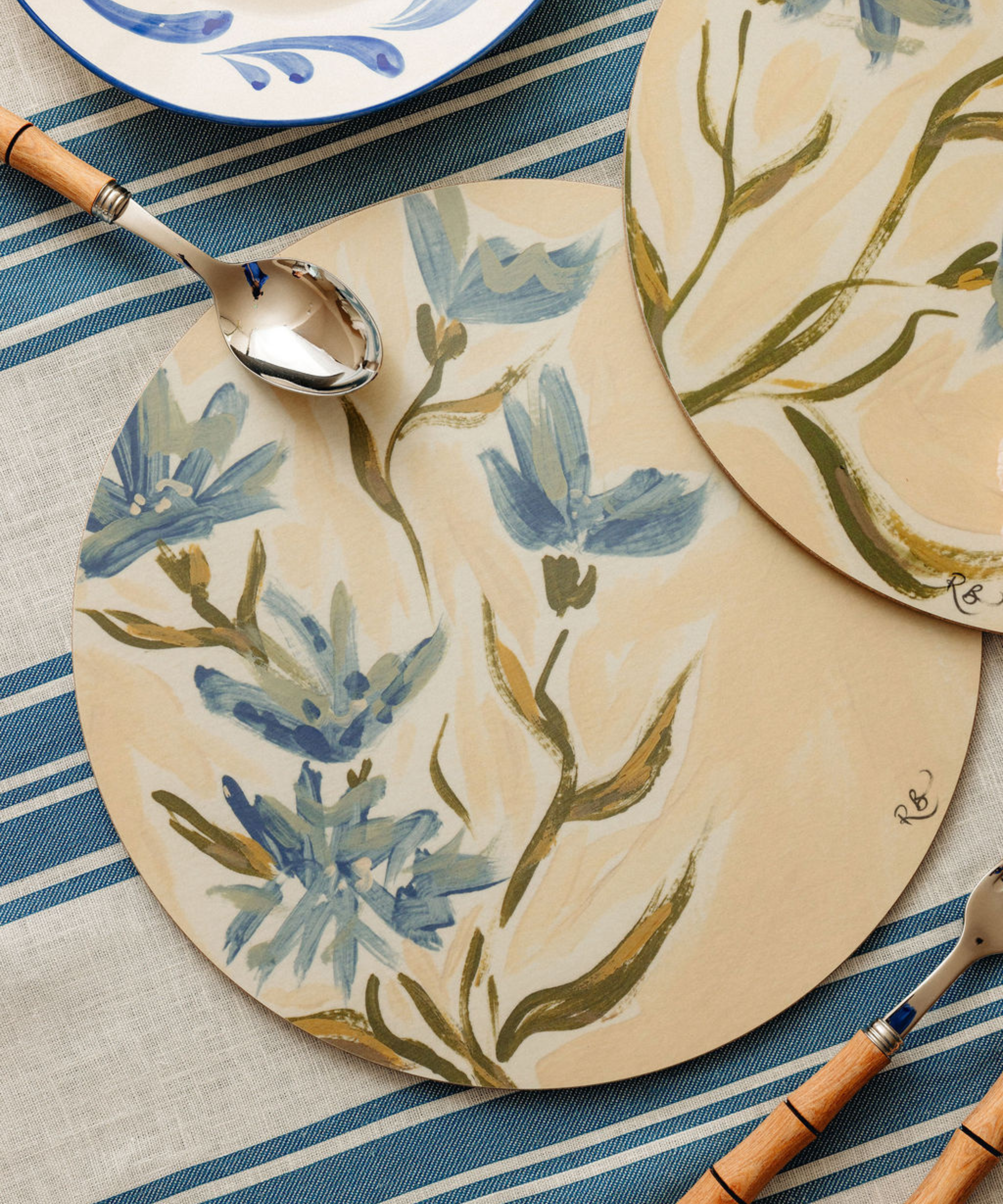 Set of 6 Rachel Bottomley Cornflower Cork Backed Round Placemats, with Natural Wood Cutlery