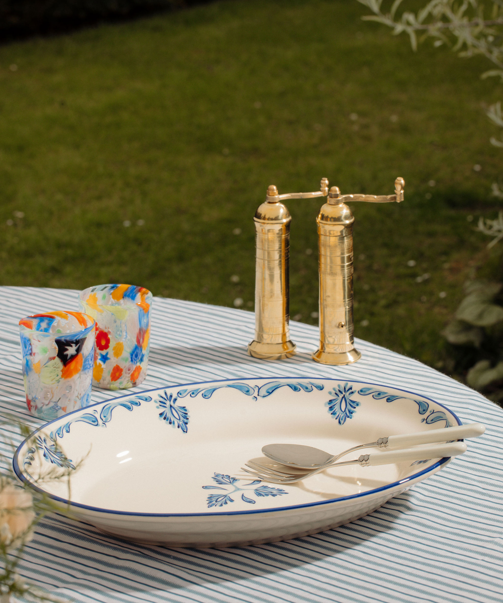 Rebecca Udall, Brass Salt and Pepper Mill Set with the Millefiori Murano Glass Tumbler