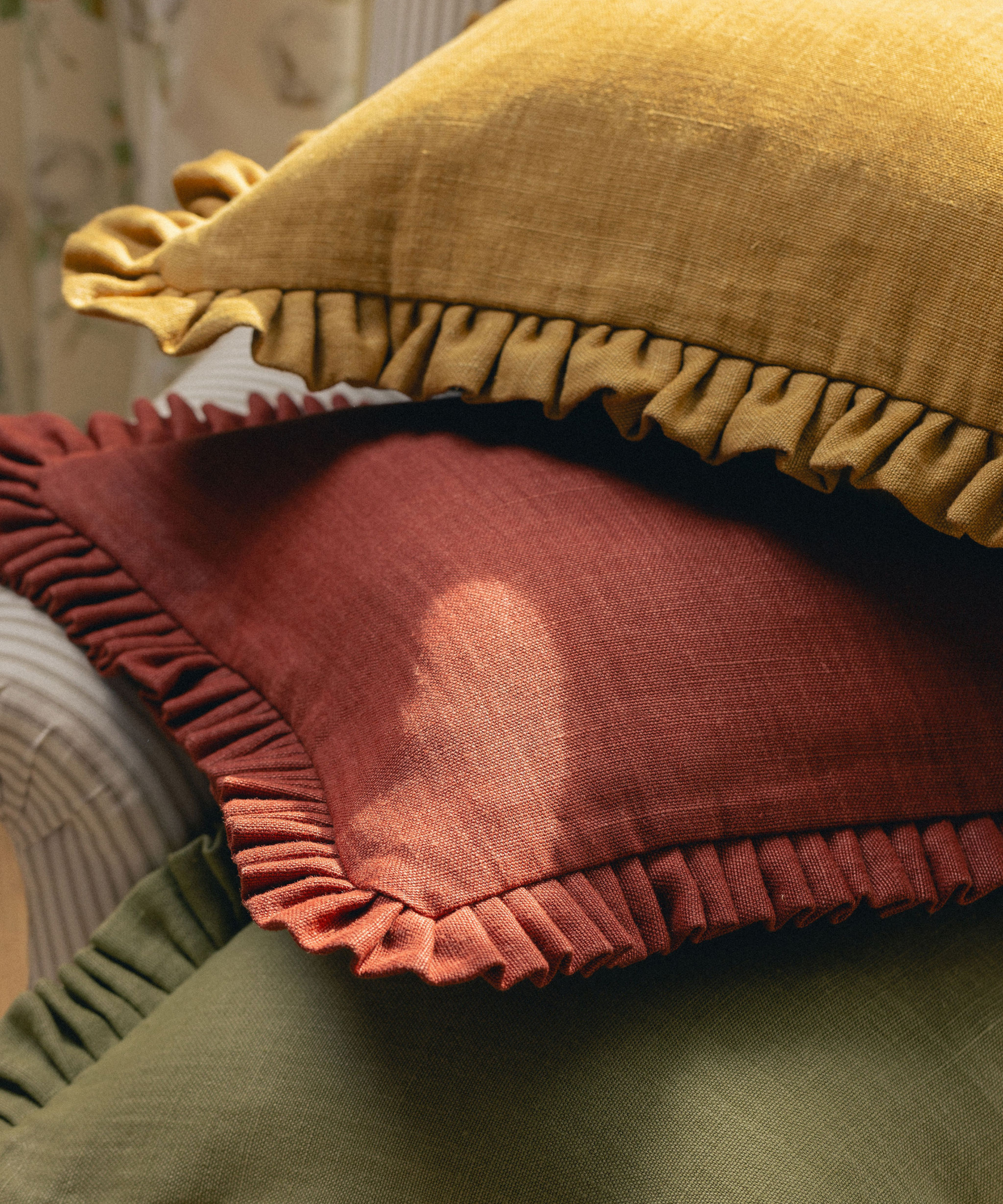 Estelle Pleated Linen Cushion, Saffron, Lifestyle Stack, Detail