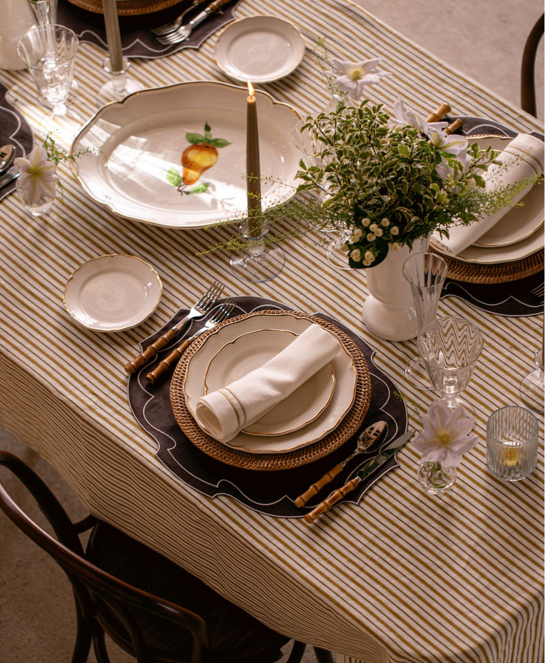 Rebecca Udall Victoria Striped Linen Tablecloth, Burnt Mustard, Table Lifestyle