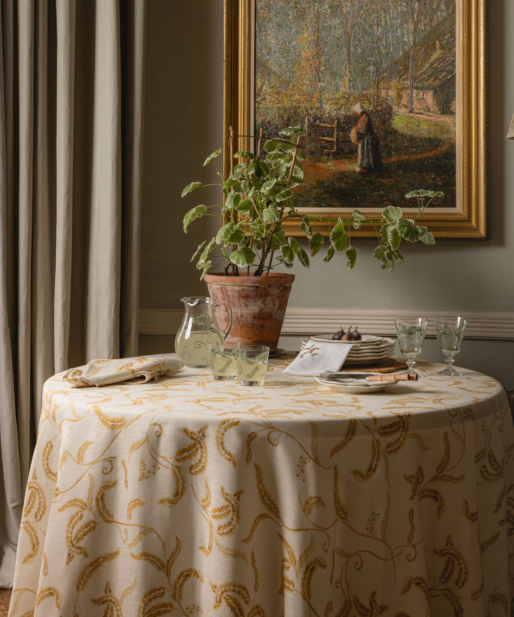 Prairie Handpainted Stemmed Glass, with Handpainted Jug and Prairie Tablecloth