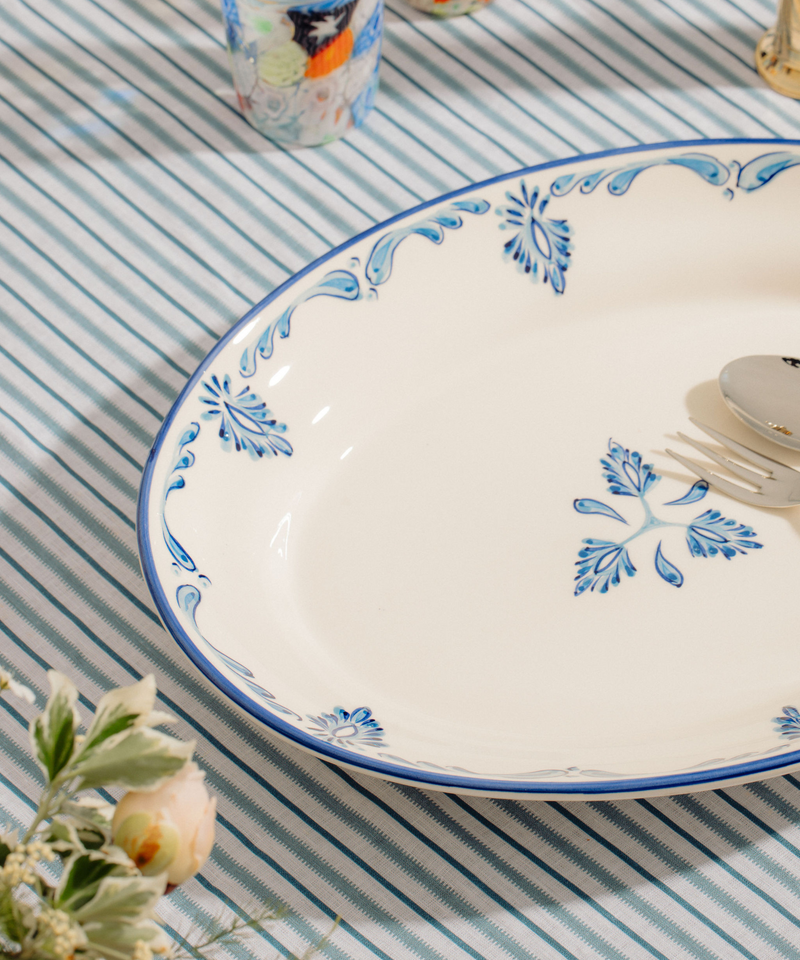 Rebecca Udall Eleanor Platter, Blue with the Victoria Tablecloth