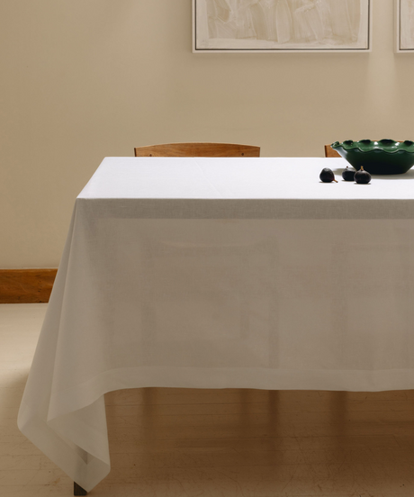 Rebecca Udall Classic Mitred Italian Linen White Tablecloth, Lifestyle 