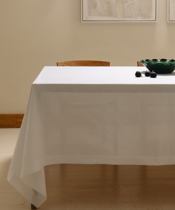 Rebecca Udall Classic Mitred Italian Linen White Tablecloth, Lifestyle 
