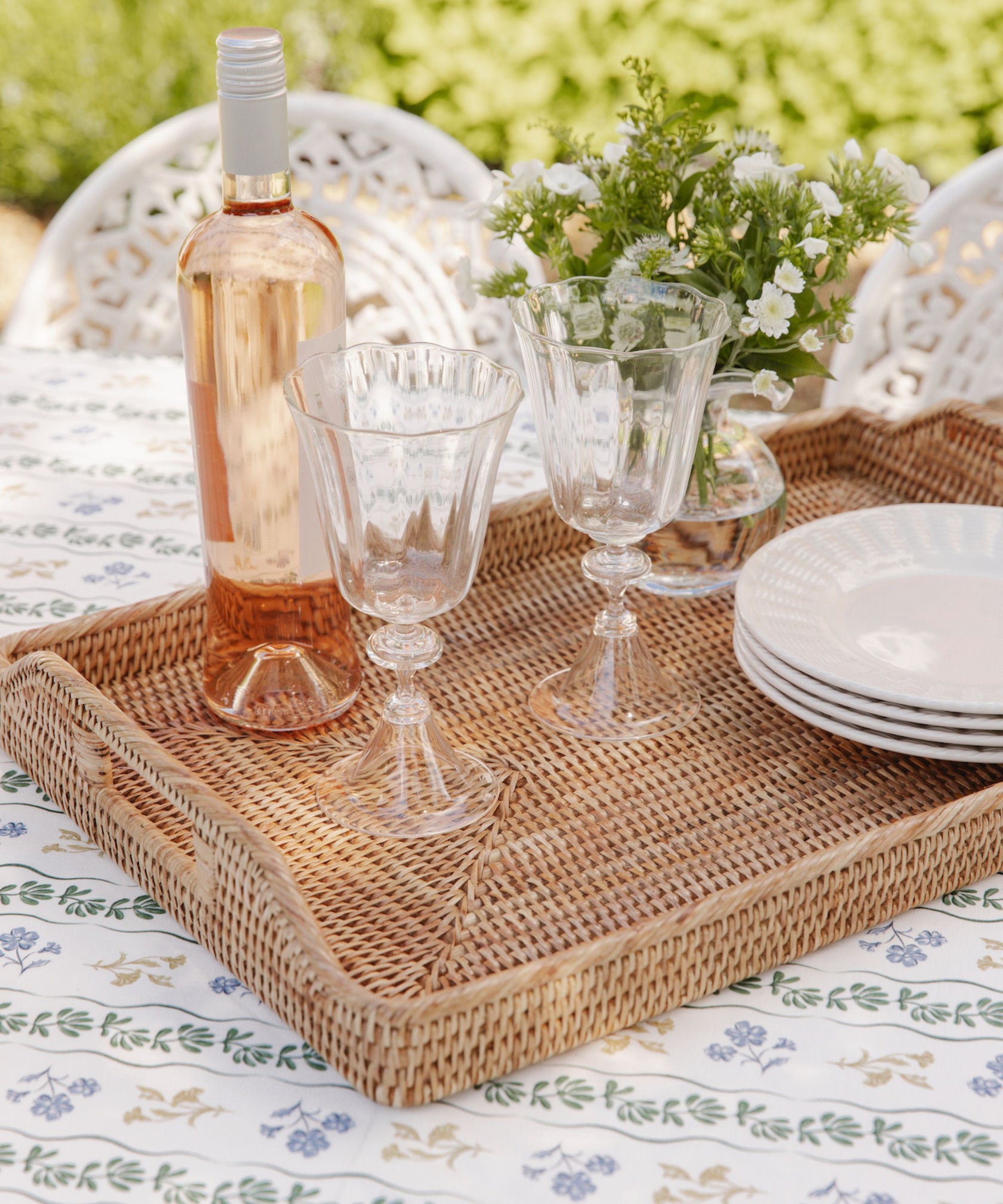 Rebecca Udall, Rattan Handwoven Wicker Serving Tray with the Evelyn Wine Glasses