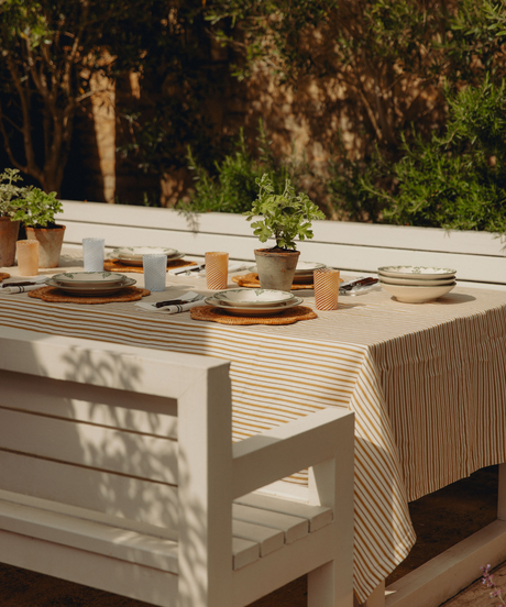 Victoria Striped Linen Tablecloth, Burnt Mustard