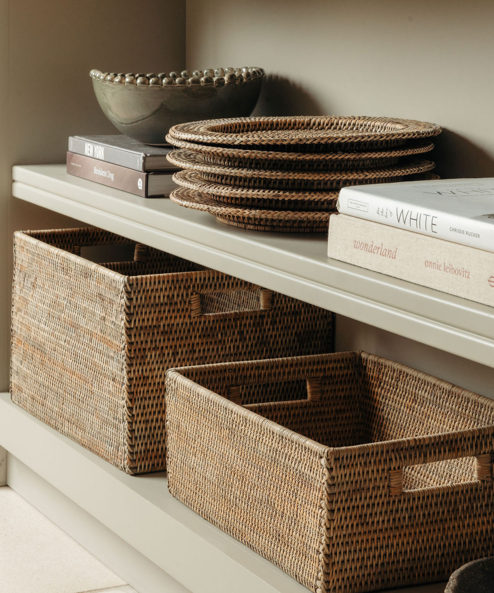 Rattan Rectangular Storage Basket, Medium, Taupe, with Rattan Chargers, Shelf Lifestyle