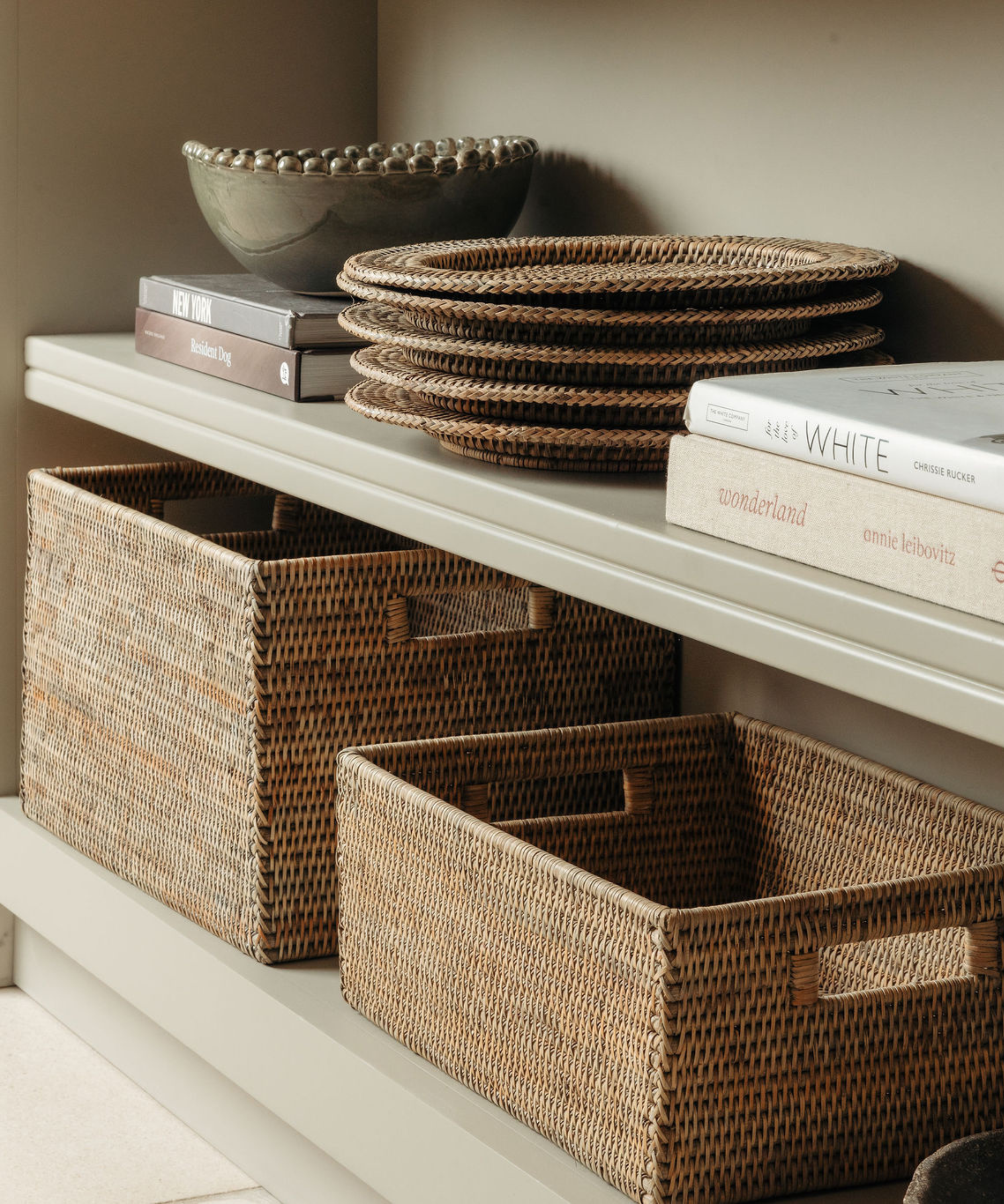Rattan Rectangular Storage Basket, Medium, Taupe, with Rattan Chargers, Shelf Lifestyle