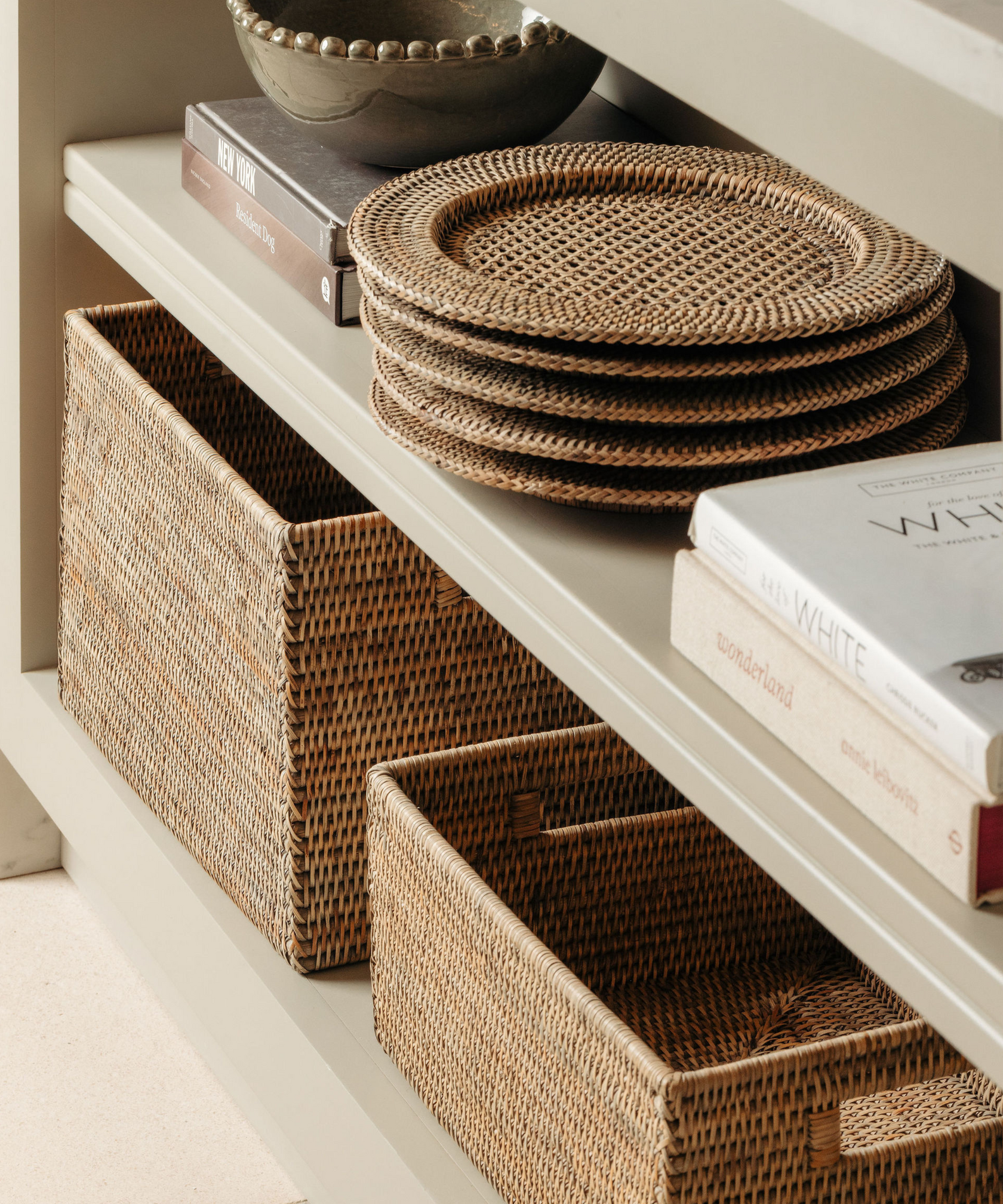 Rattan Tall Rectangular Storage Baskets, Medium, Taupe, with Rattan Charger