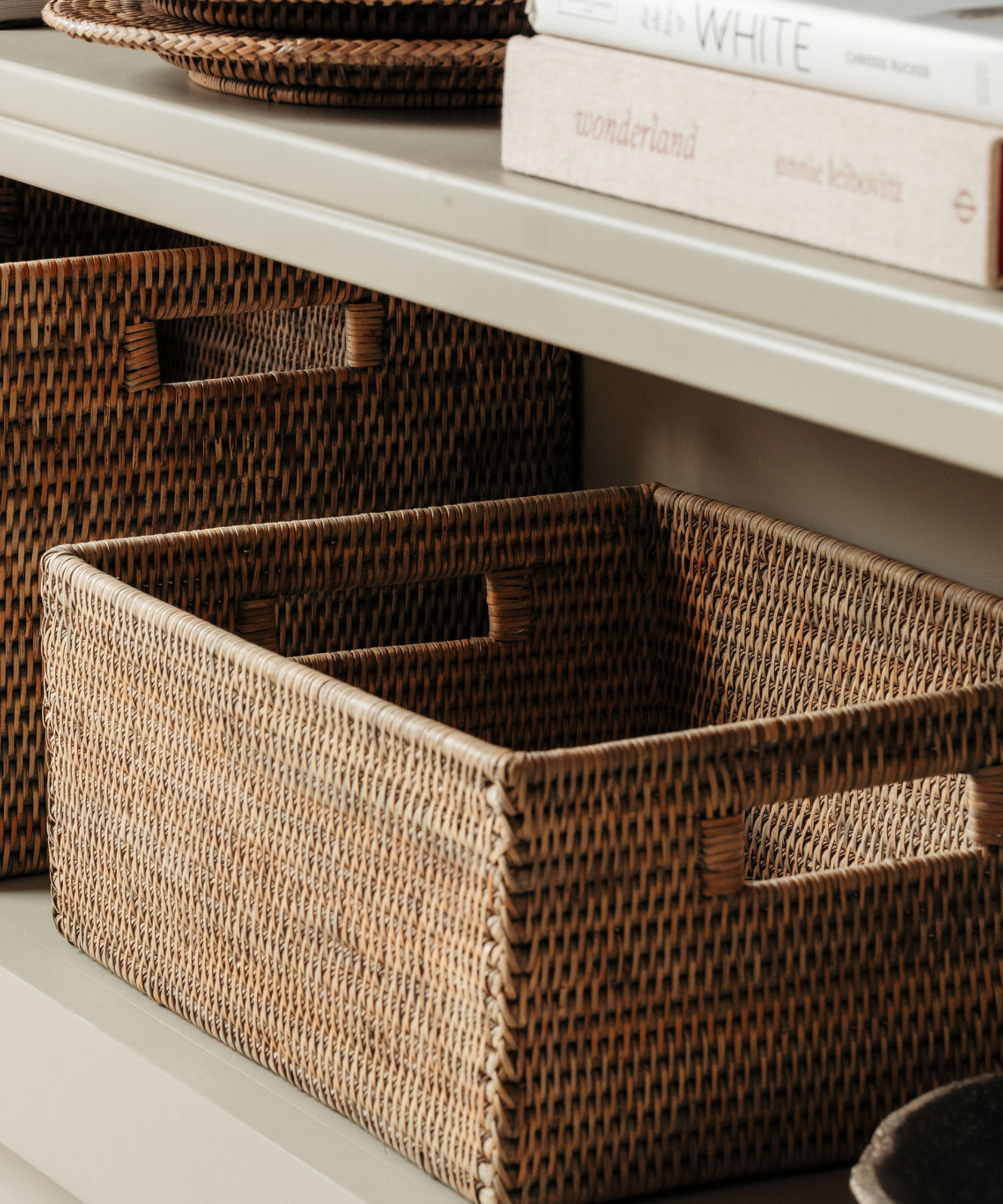 Rattan Rectangular Storage Basket, Medium, Taupe, Lifestyle