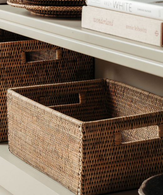 Rattan Rectangular Storage Basket, Medium, Taupe, Lifestyle