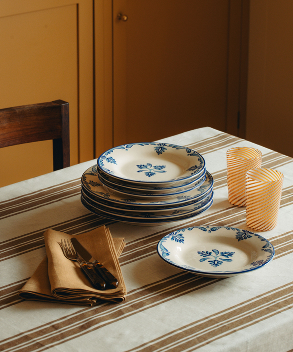 Colette Striped Table Linens, Nougat, with Eleanor, Lifestyle