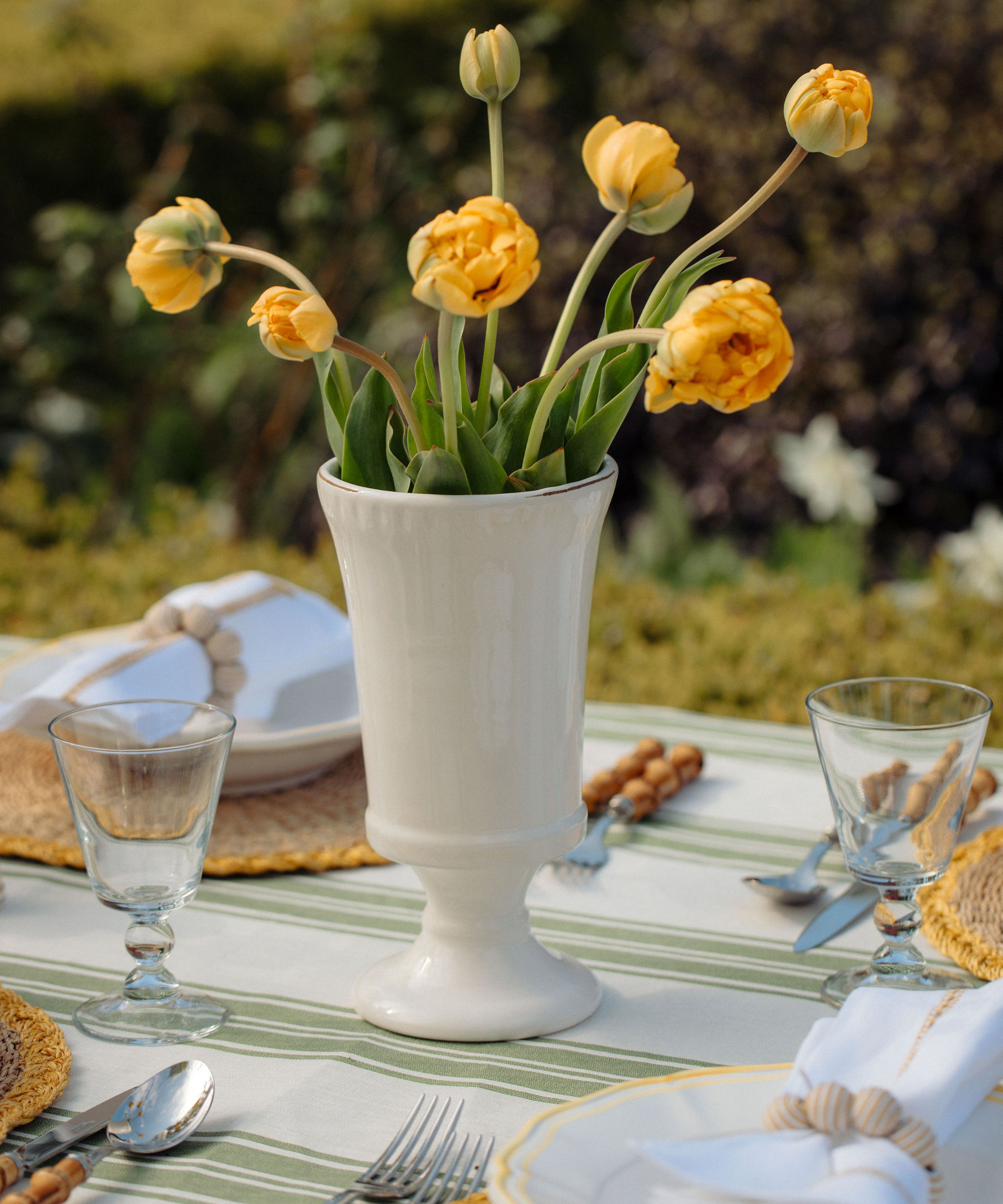 Colette Striped Linen Tablecloth, Olive Green