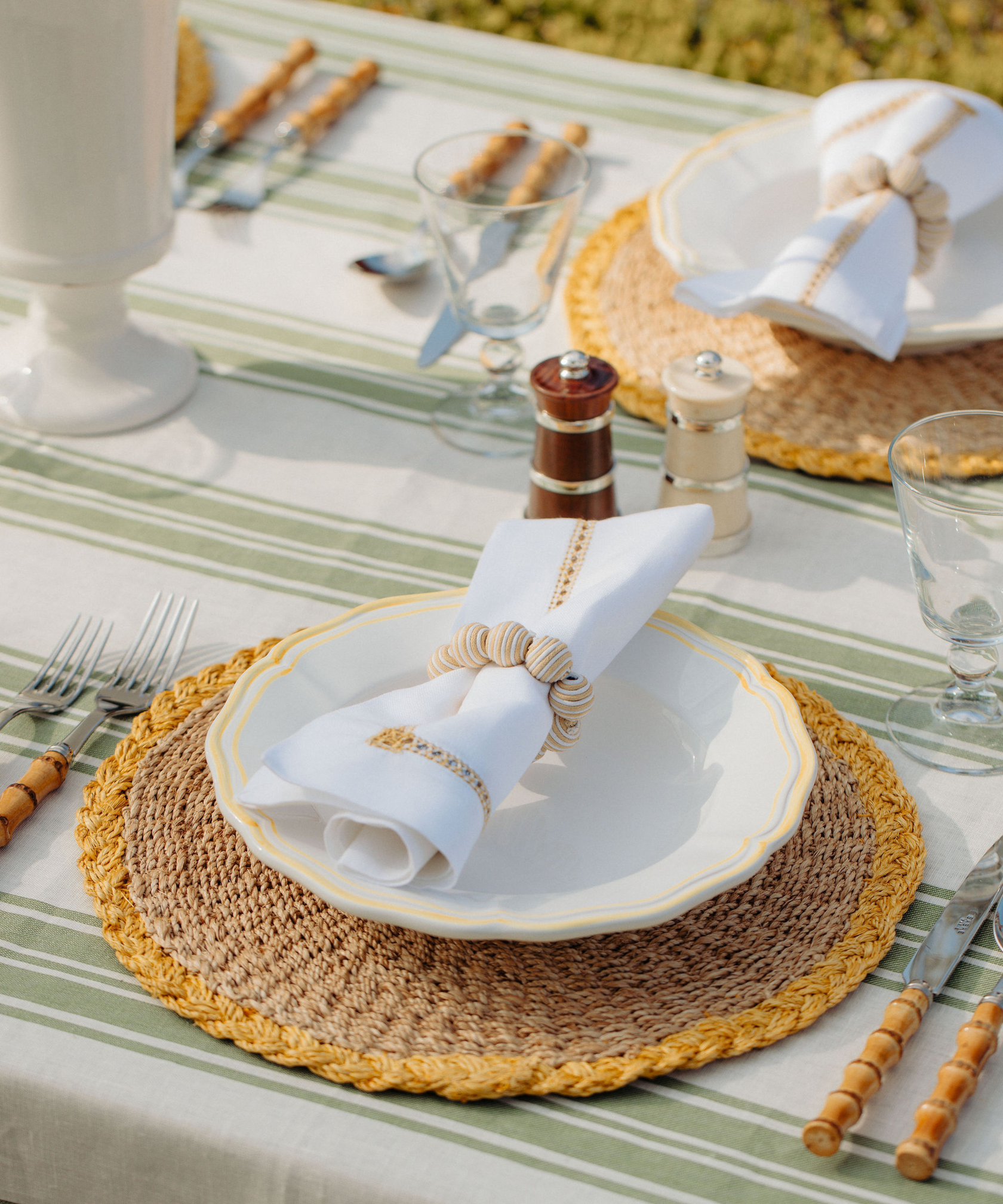 Colette Striped Linen Tablecloth, Olive Green