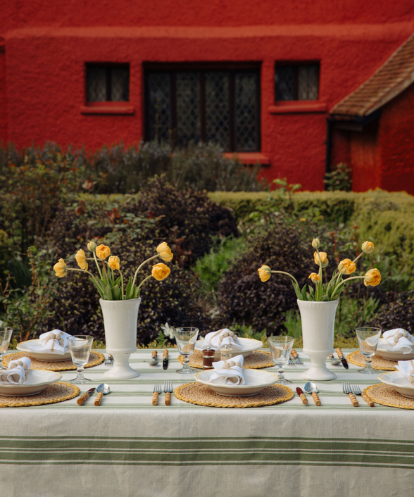 Colette Striped Linen Tablecloth, Olive Green, Outdoor Table