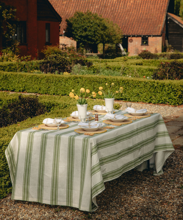Colette Striped Linen Tablecloth, Olive Green