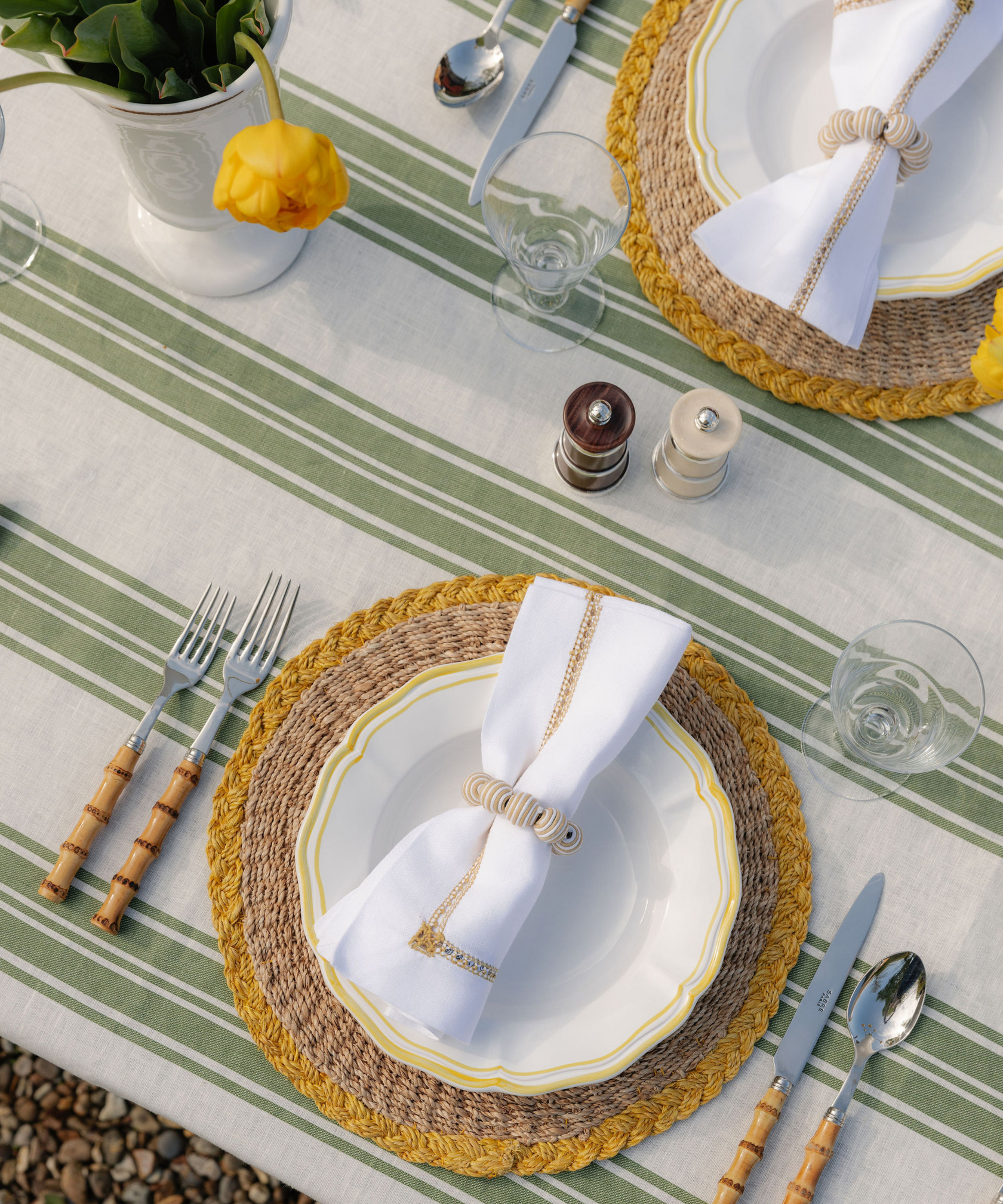 Colette Striped Linen Tablecloth, Olive Green