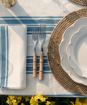 Colette Striped Table Linens, Harbour Blue, with natural wood cutlery