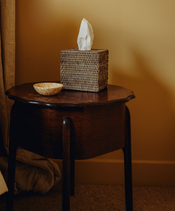 Rattan Square Tissue Box Cover, Taupe, with Aptware Dish