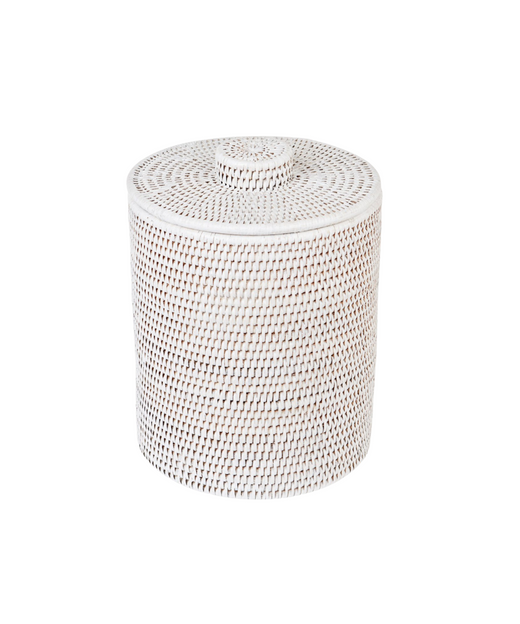 Rebecca Udall Rattan wicker woven bathroom bin with lid Rustic White