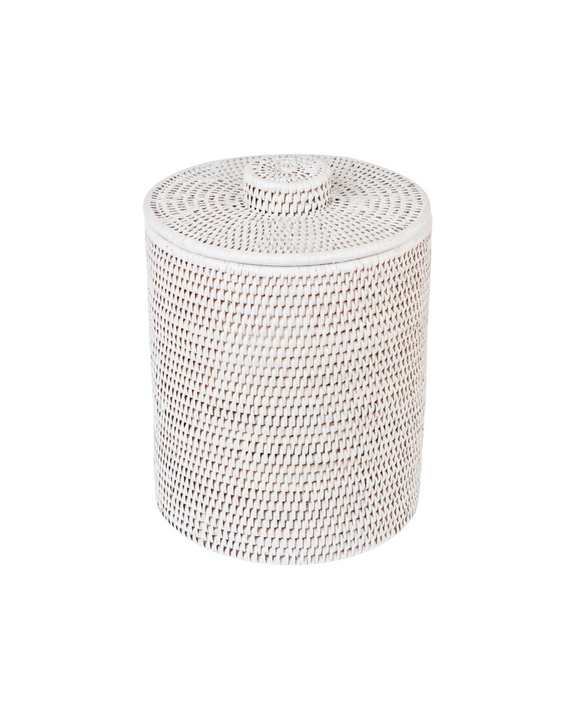 Rebecca Udall Rattan wicker woven bathroom bin with lid Rustic White
