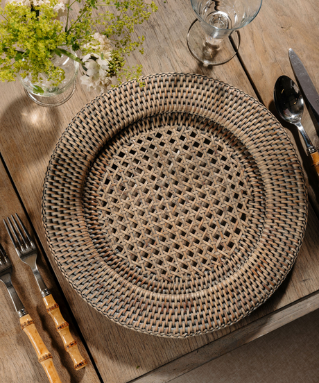 Rattan Charger, Taupe, with Bamboo Cutlery