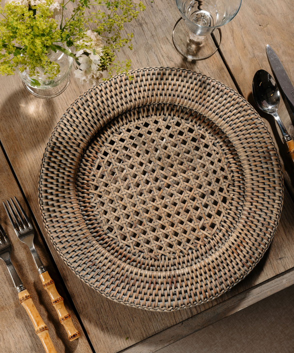 Rattan Charger, Taupe, with Bamboo Cutlery