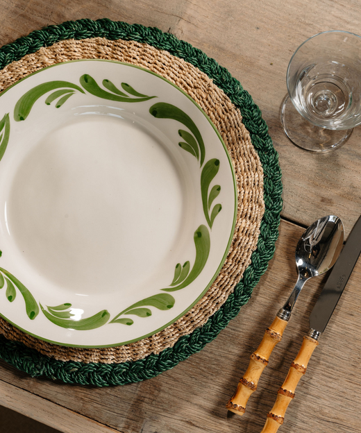 Braided Abaca Placemat, Natural/Juniper, with Celia Dinner Plate