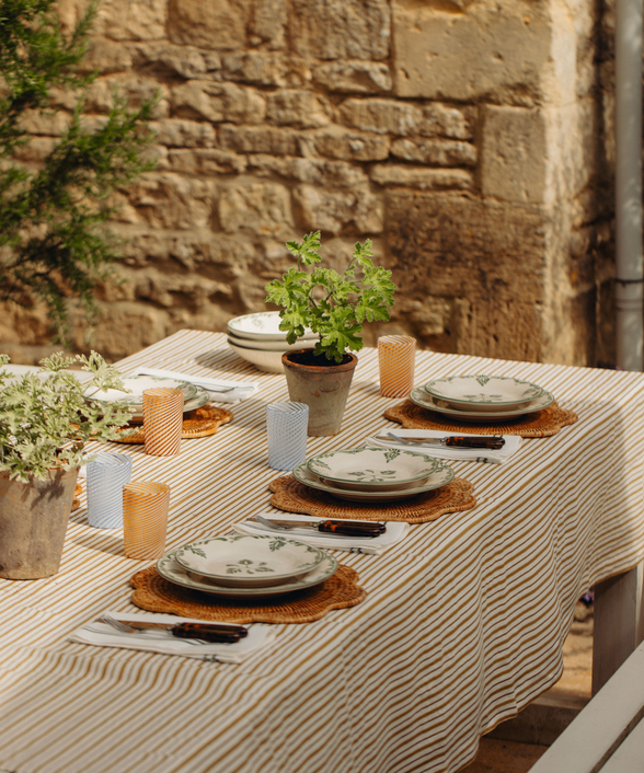 Victoria Striped Linen Tablecloth, Burnt Mustard