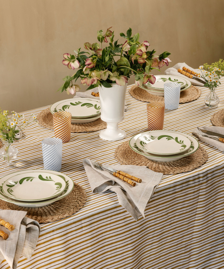 Victoria Striped Linen Tablecloth, Burnt Mustard