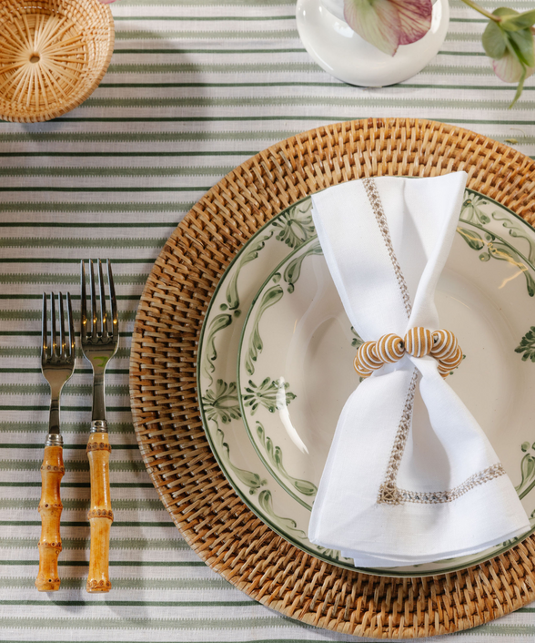 Victoria Striped Linen Tablecloth, Chalk & Moss Green