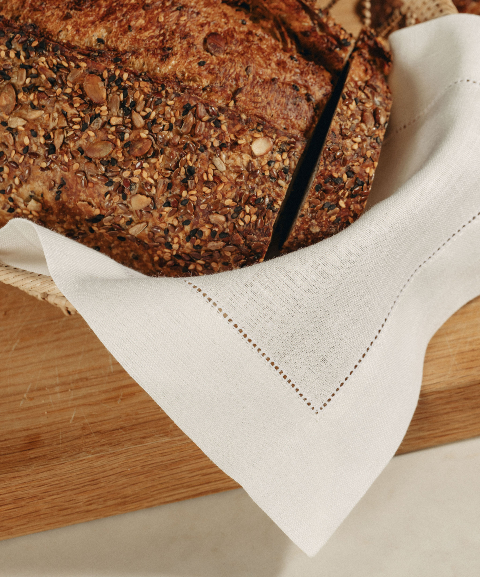 Pair of Linen Bread Basket Napkins, Large, with Loaf of Bread