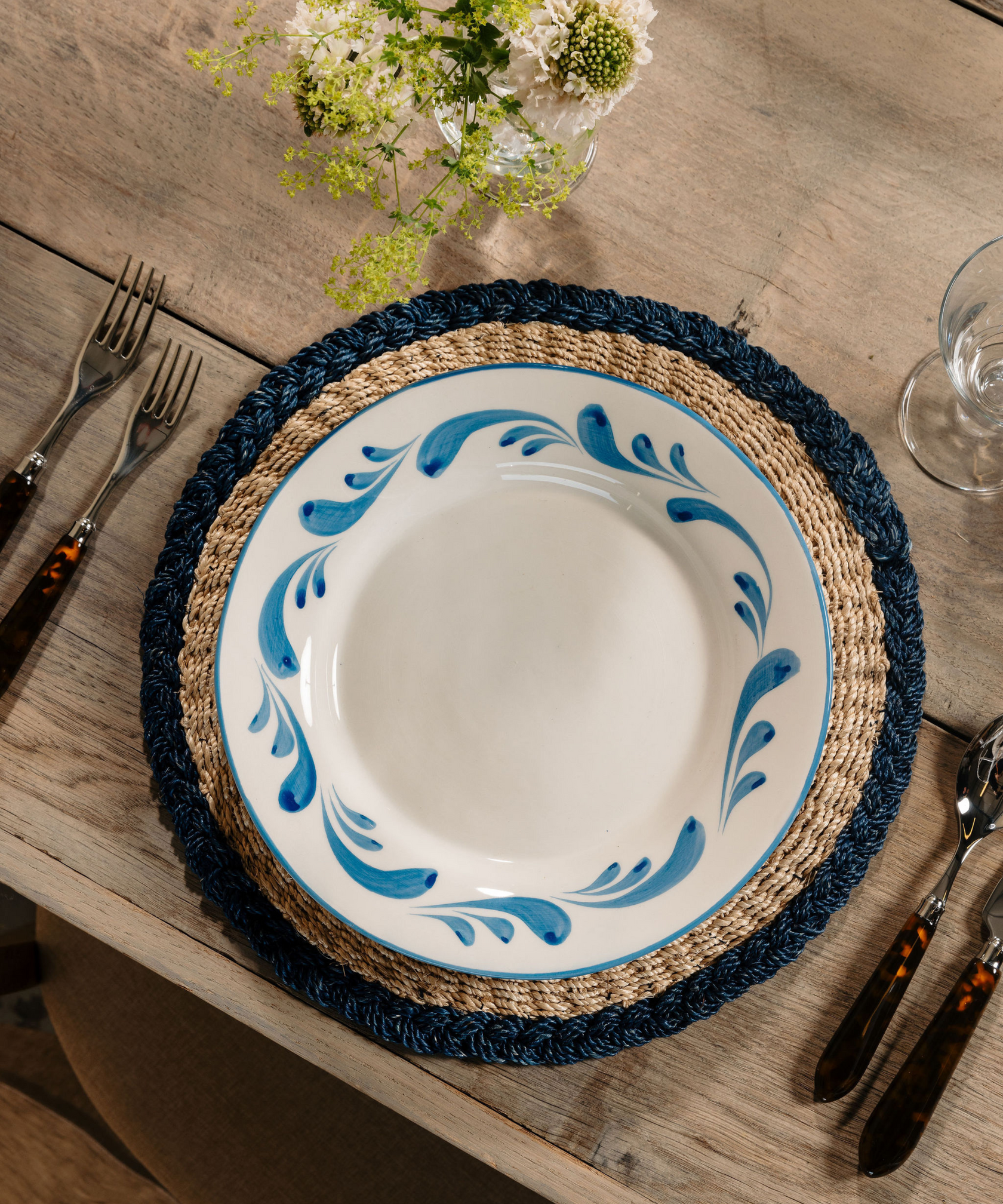 Braided Abaca Placemat, Natural/Navy, with Tortoiseshell Cutlery