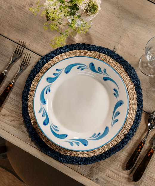 Braided Abaca Placemat, Natural/Navy, with Tortoiseshell Cutlery