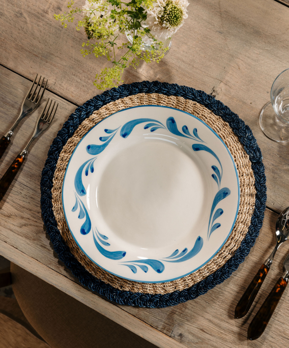 Braided Abaca Placemat, Natural/Navy, with Tortoiseshell Cutlery